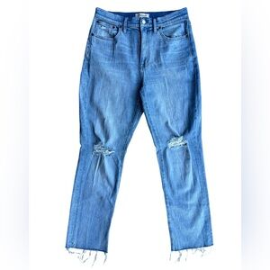 MADEWELL High-Rise Slim Boyjean in Prentice Wash Ripped Edition Distressed Sz 29